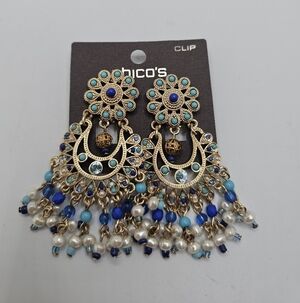 New Chico's Gold-Tone Blue & Turquoise Beaded Clip-On Chandeliers